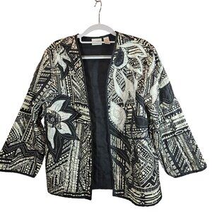 Chicos Black White Embroidered Silk Jacket Womens XL Floral Career Office Boho